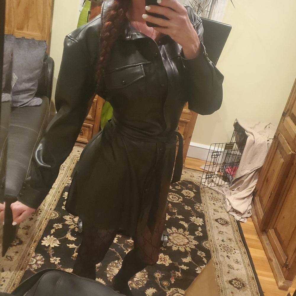 Vegan leather shirt dress/ over coat - Picture 2 of 12